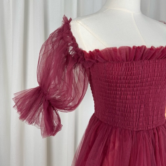 Beasha Studios Tulle Babydoll Wine Mini Dress with Puff Sleeves L - Picture 10 of 13